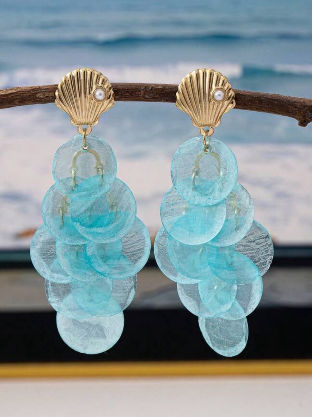 Blue Summer Beach Vacation Round Shell Tassel Earrings